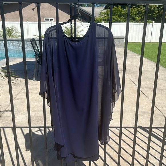 Navy blue mid length formal gown with sheer cape, draping around front and back - Picture 9 of 9